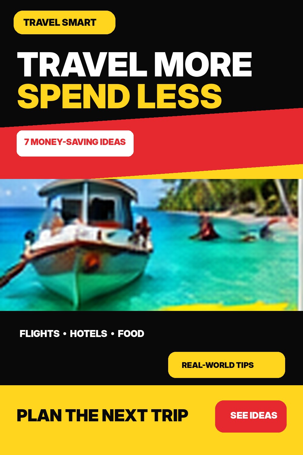 Travel-themed yellow, black and red Pinterest Pin sample