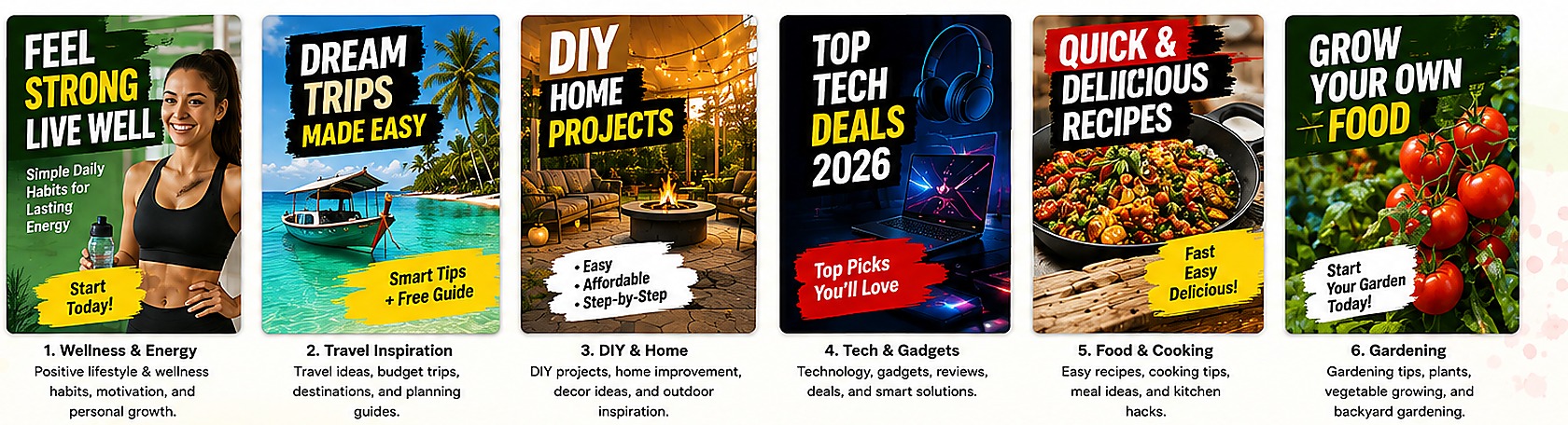 Six Pinterest Pin examples for wellness, travel, home projects, technology, recipes and gardening
